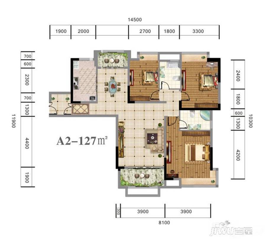 御天城蟠龙居南区(a)3室2厅2卫127㎡户型图