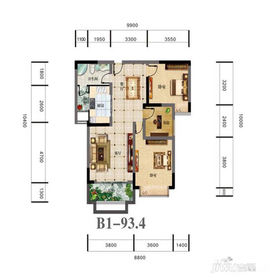 御天城蟠龙居南区(a)3室2厅1卫93.4㎡户型图